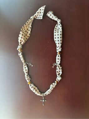 Cream Floral Scarf Necklace with Cross Pendant and Key Charms Handcrafted Boho
